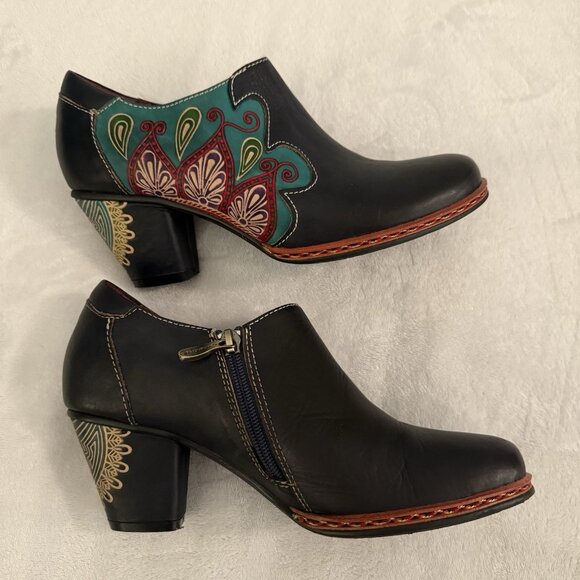 L'Artiste Zami Bootie Black Multi Color Ankle Boots Eu 38 U.S. 7.5/8 Boho Artsy - Picture 11 of 13